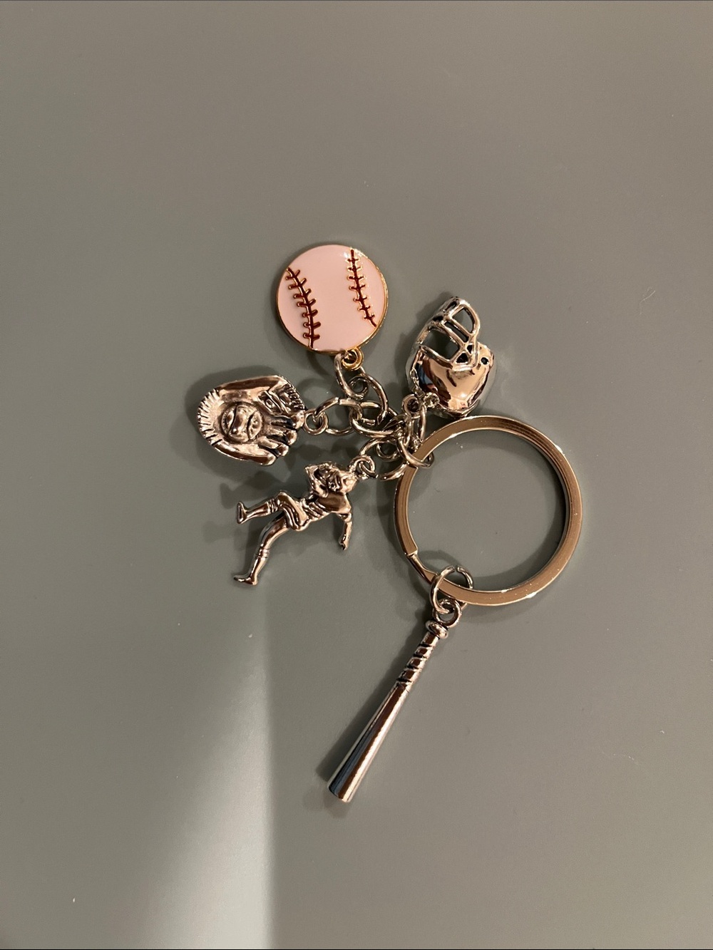 Baseball Charm Keychain with White Ball and Silver Charms